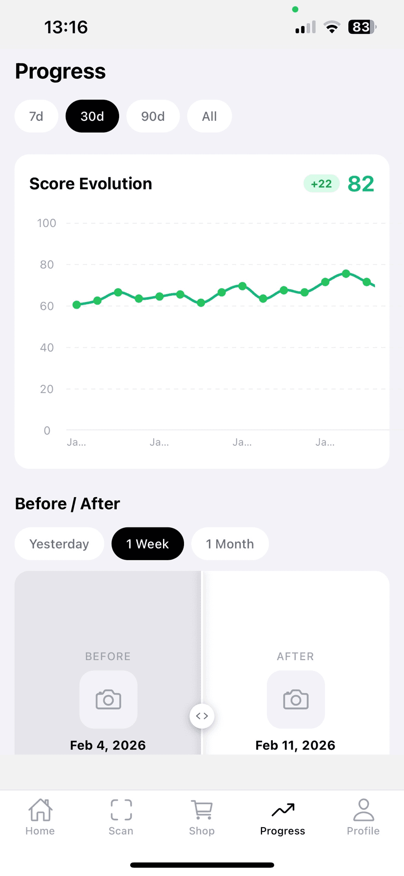 DermaDay app — daily skin comparison with before/after and AI score